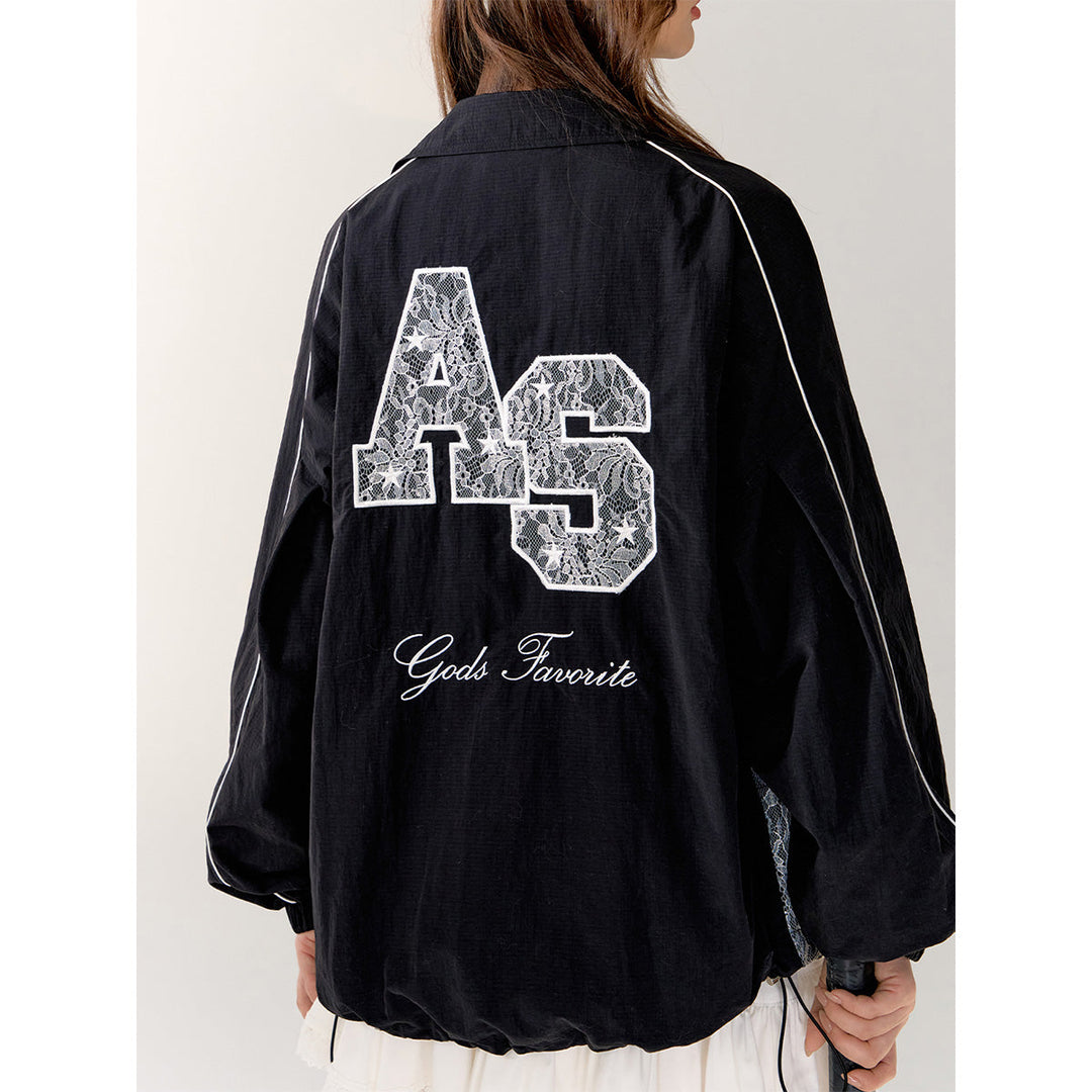 AsGony Retro Lace Applique Casual Jacket Black