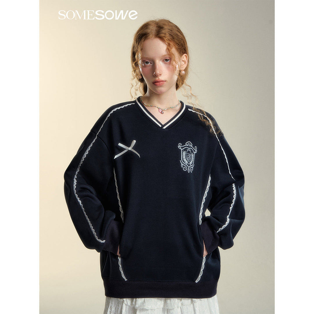 SomeSowe Lace Badge V-Neck Sweatshirt Navy Blue