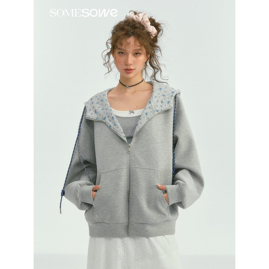 SomeSowe Contrast Color Drawstring Zip Up Hoodie Light Gray