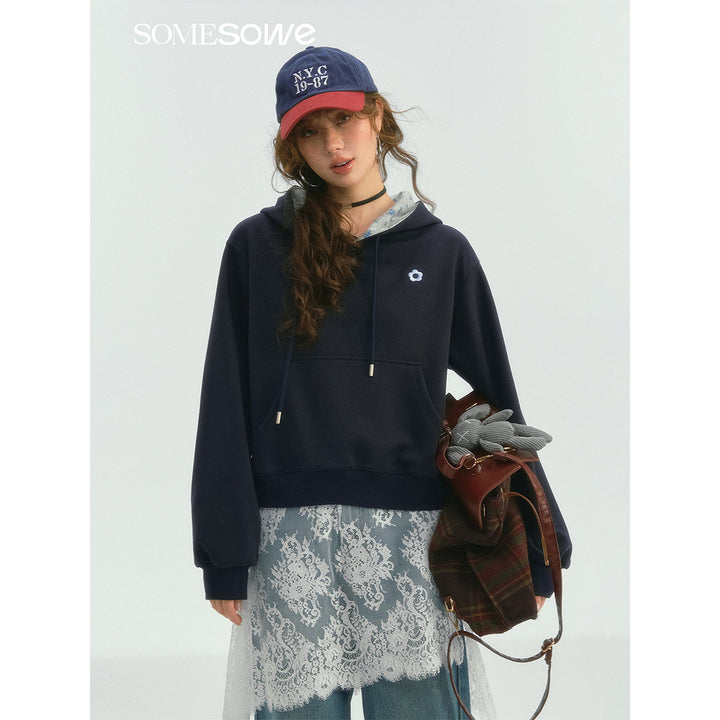 SomeSowe Contrast Color Floral Hoodie Navy Blue