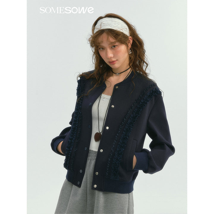 SomeSowe Lace Edge Casual Baseball Jacket Navy Blue