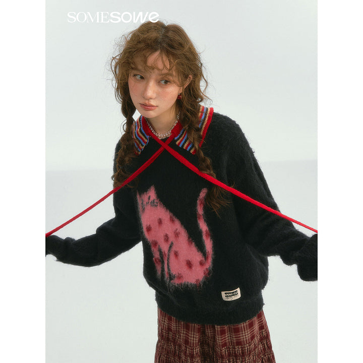 SomeSowe Luck Cat Loose Knit Sweater Black