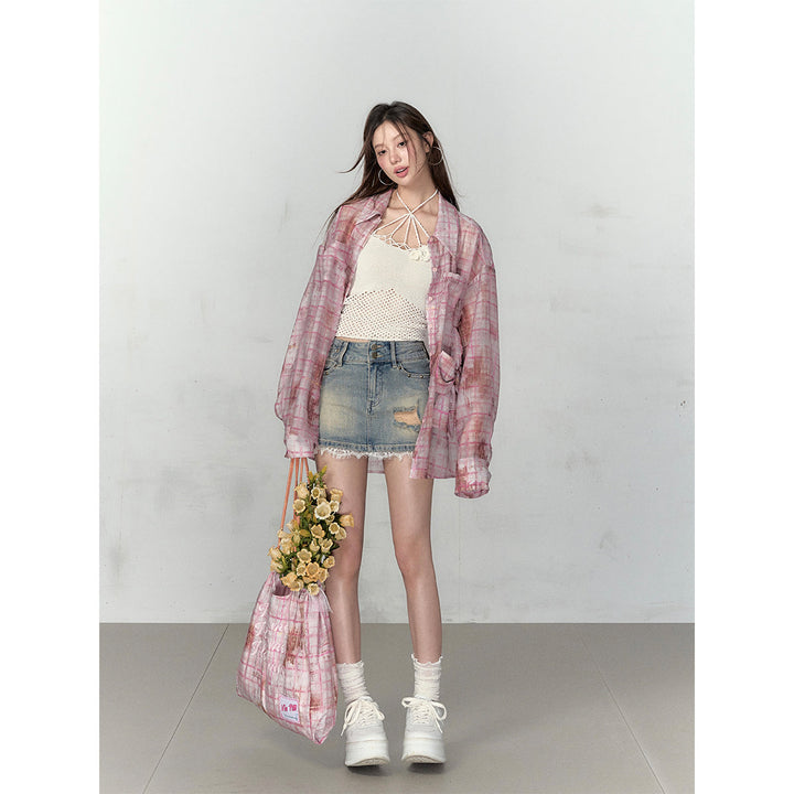 Via Pitti Plaid Bow Loose Shirt Pink