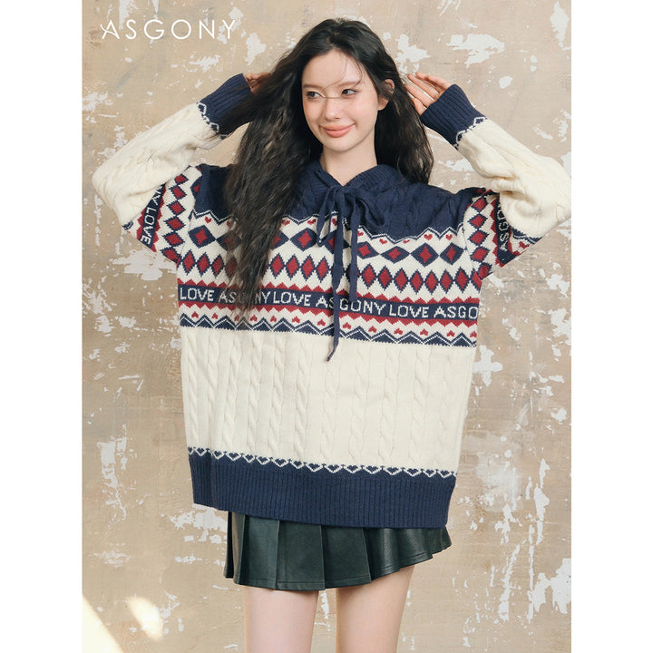 AsGony Fair Isle Oversized Knit Sweater Navy - Mores Studio