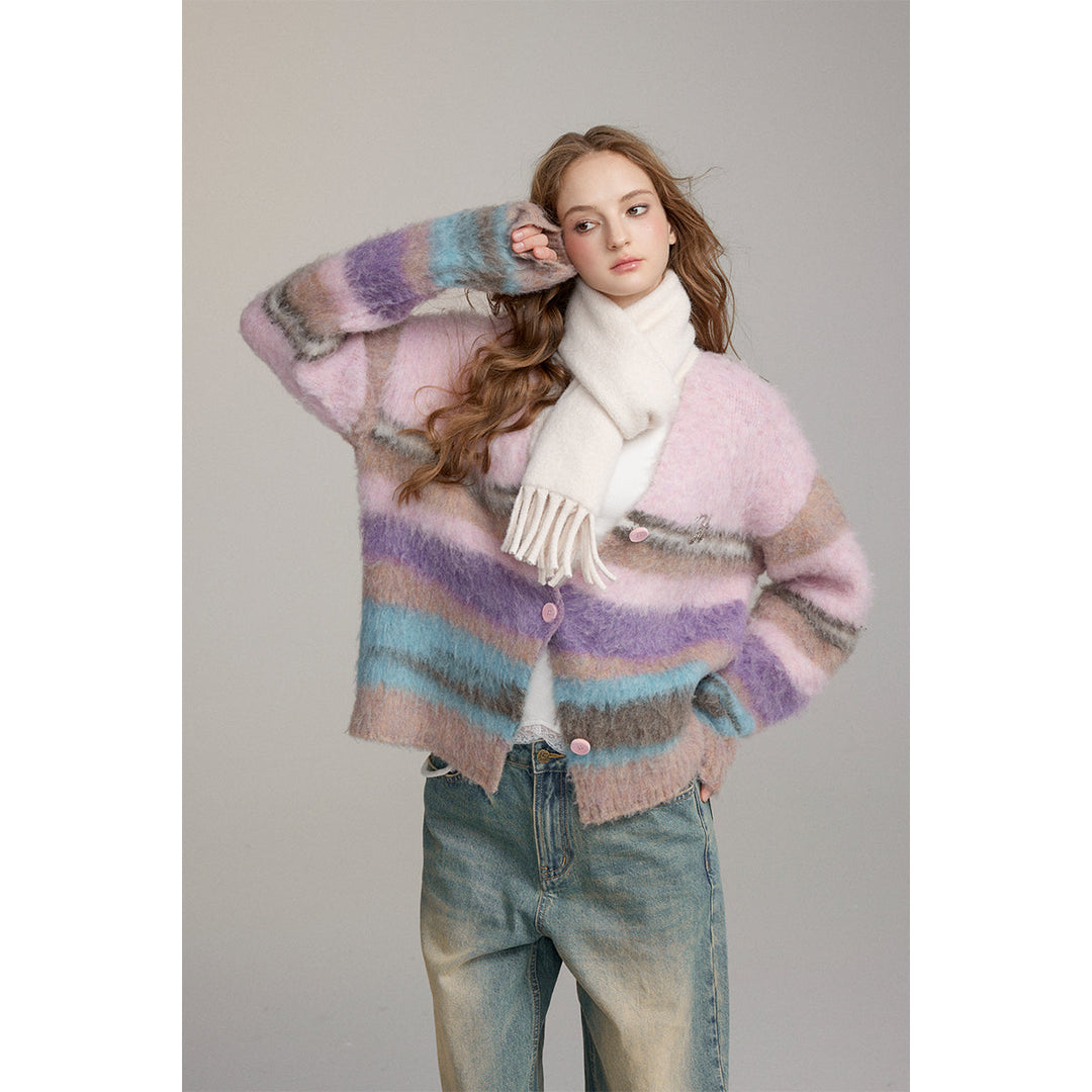 Via Pitti Pulled Fur Colored Striped Knit Cardigan Pink