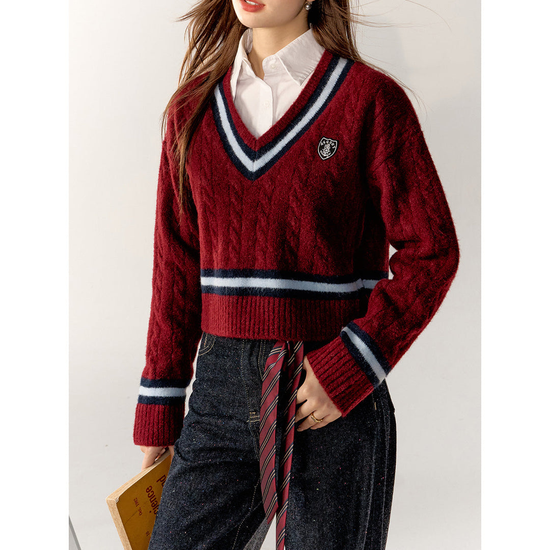 AsGony Contrast Color V-Neck Short Knit Sweater Red