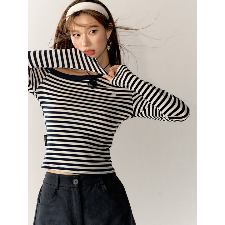 AsGony Striped Diagonal Shoulder Slim Top