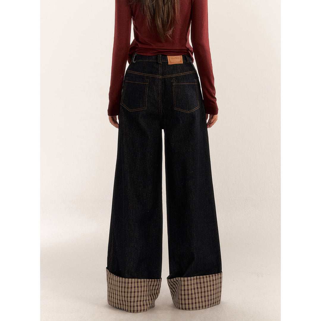 AsGony Plaid Patchwork Turn Over Edge Wide-Leg Jeans