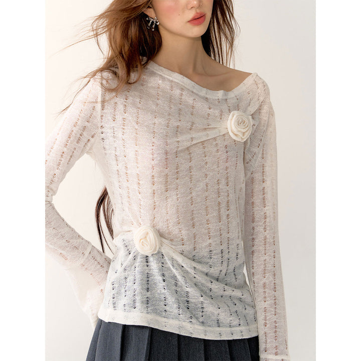 AsGony 3D Flower Hollow Cutting Knit Top White