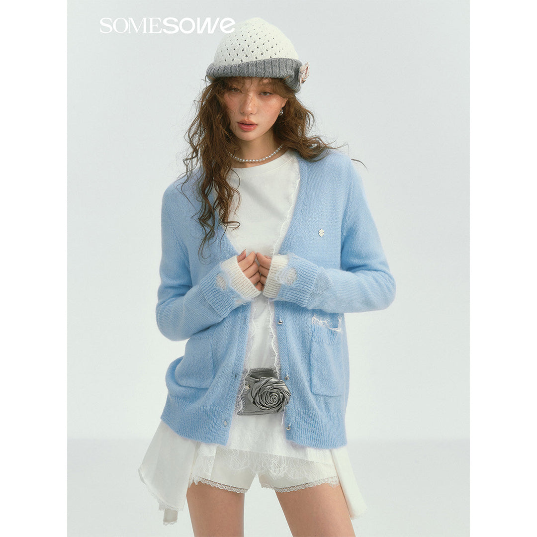 SomeSowe Color Blocked Lace Edge Knit Cardigan Blue