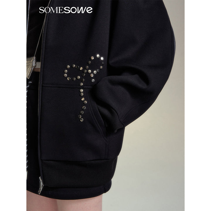 SomeSowe Bow Rivet Hooded Casual Jacket Black