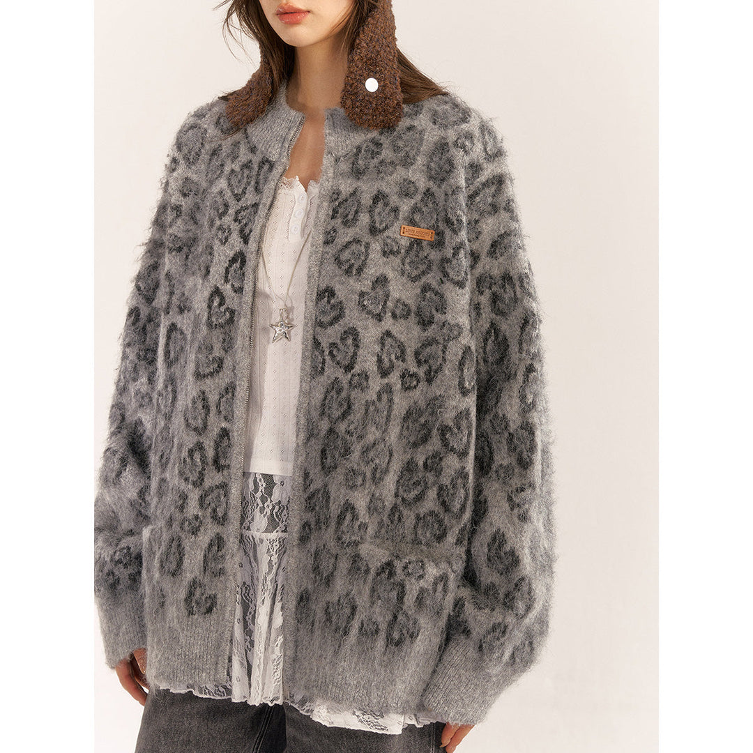 AsGony Blended Woolen Retro Leopard Knit Cardigan Gray