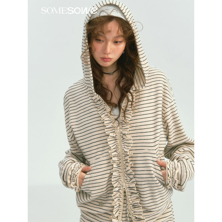 SomeSowe Soft Striped Ruffled Zip Up Hoodie White