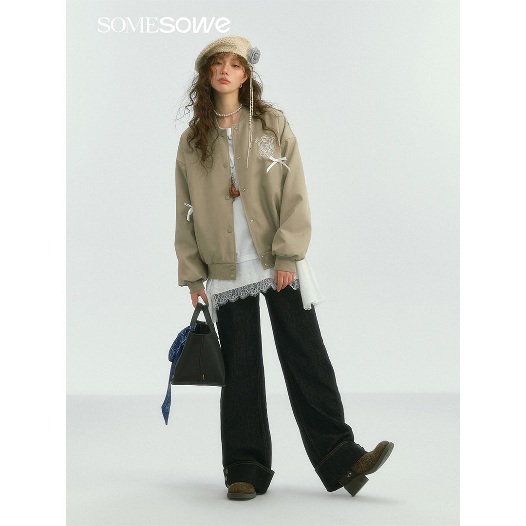 SomeSowe Bow Badge Casual Baseball Jacket Khaki