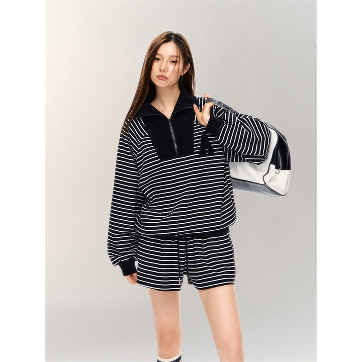 AsGony Striped Drawstring Casual Shorts Black