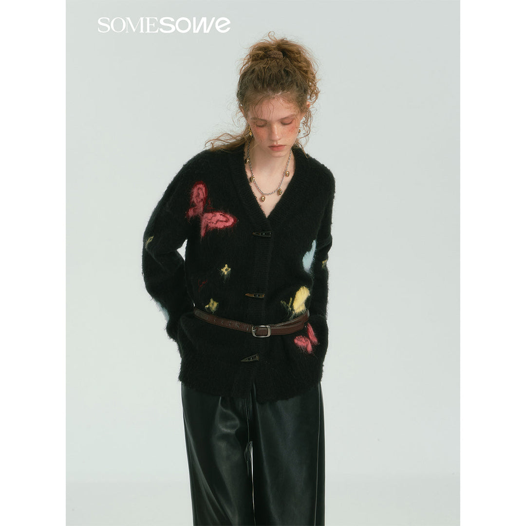 SomeSowe Butterfly Pulled Fur Knit Cardigan Black