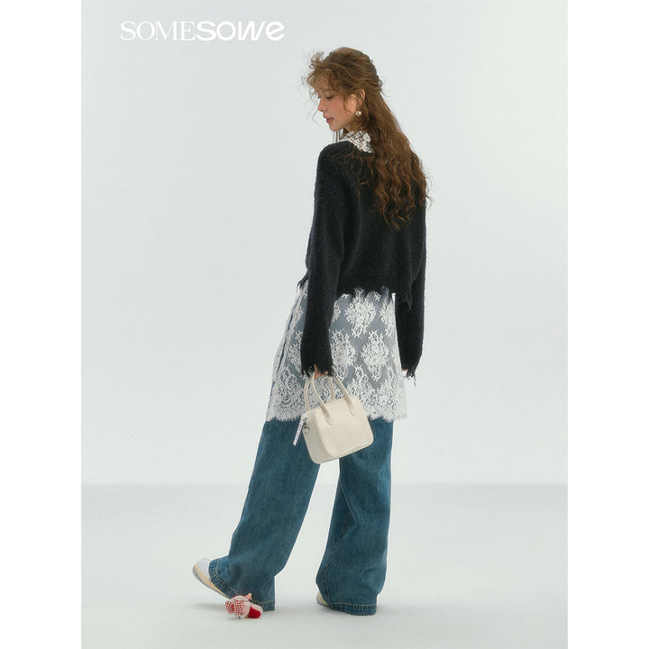 SomeSowe Lace Patchwork Wide-Leg Denim Pants