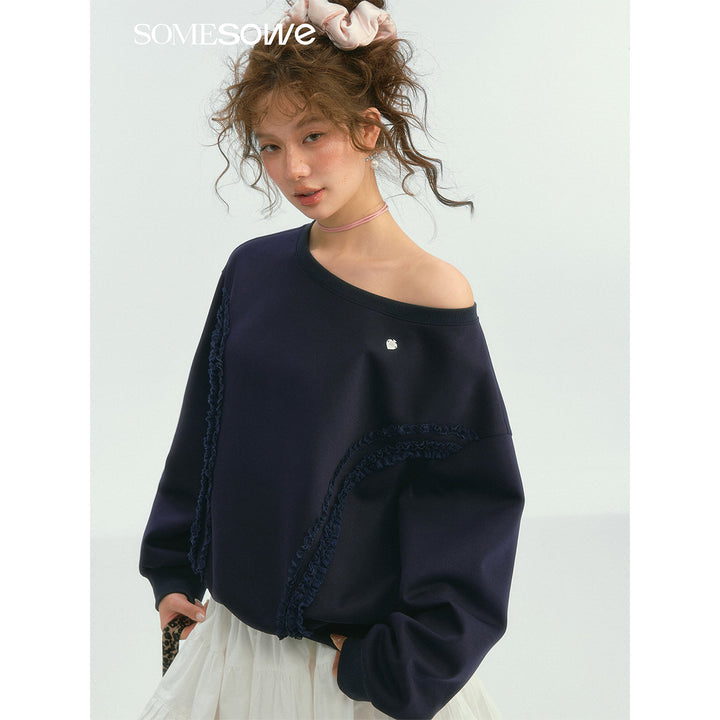 SomeSowe Lace Edge Boat Neck Casual Sweatshirt Navy Blue