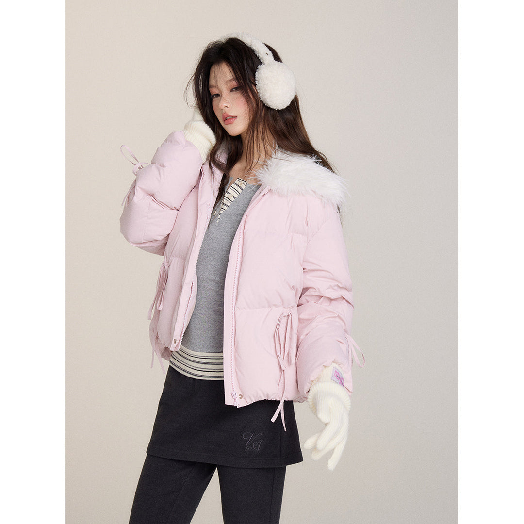 Via Pitti Bow Drawstring Fur Collar Down Jacket Light Pink