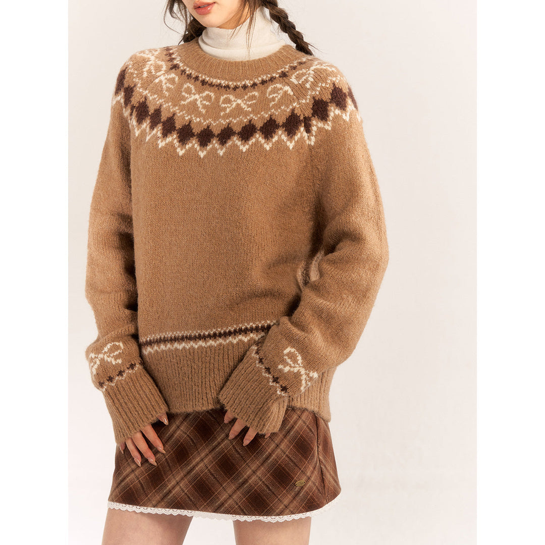 AsGony Fair Isle Blended Woolen Knit Sweater Brown