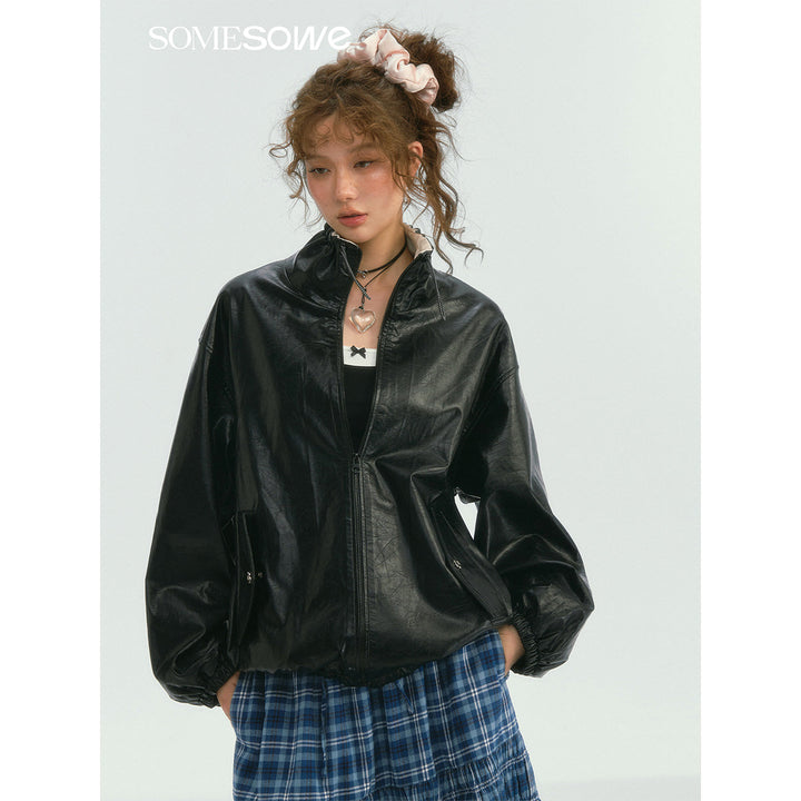 SomeSowe Oil Wax Leather Casual Jacket Black