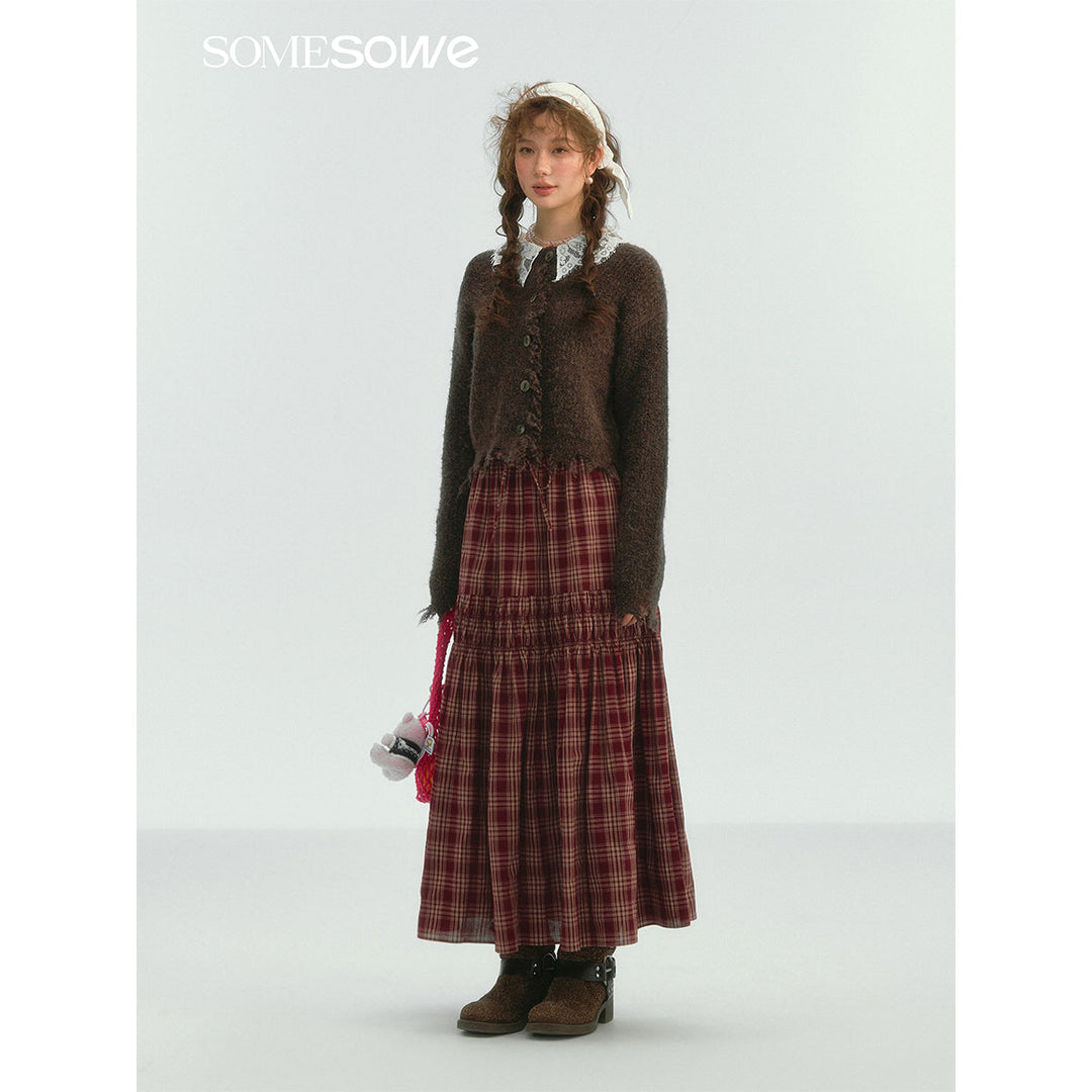 SomeSowe Lace Edge Plaid Drawstring Long Skirt Red