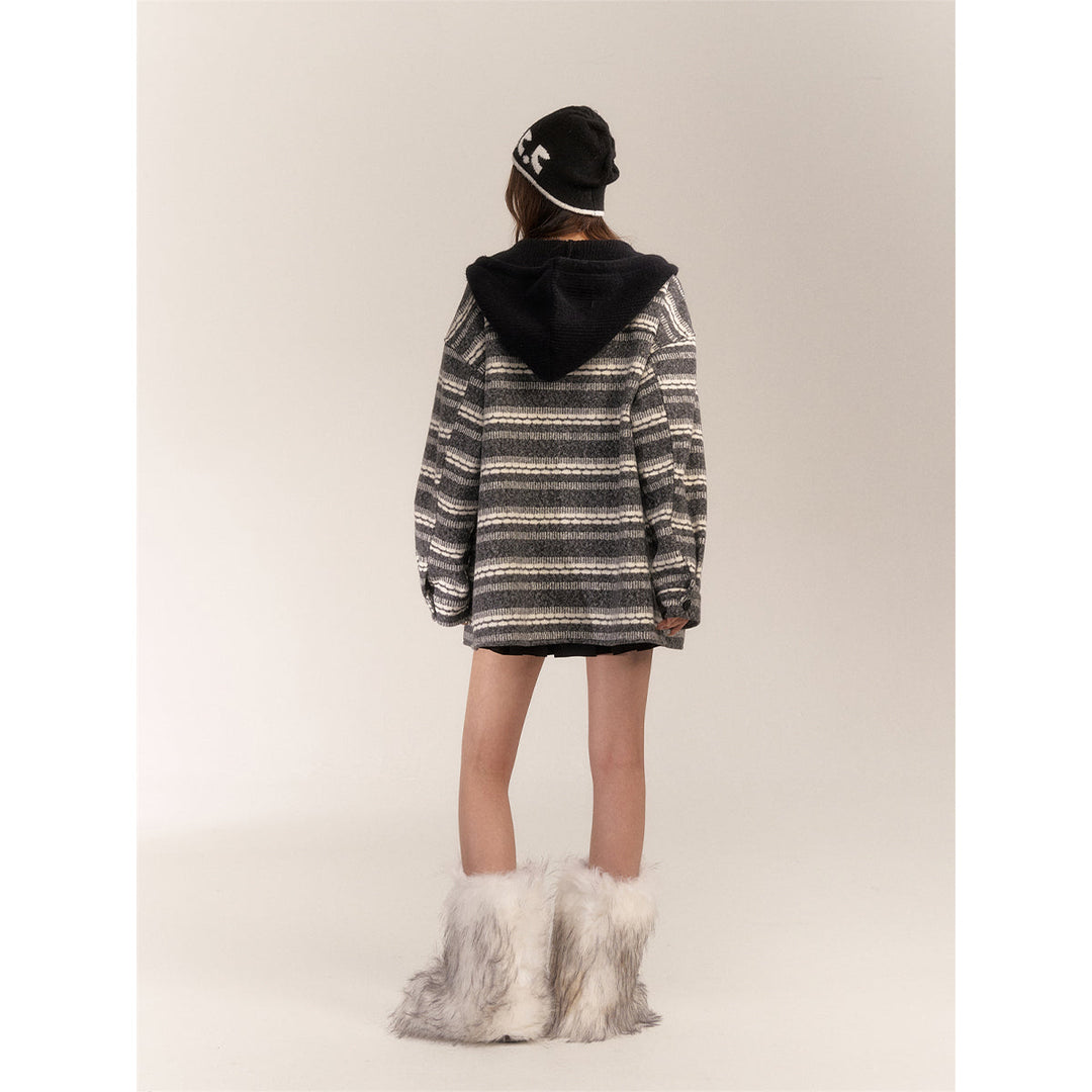 AsGony Striped Hooded Thicken Mid-Length Coat