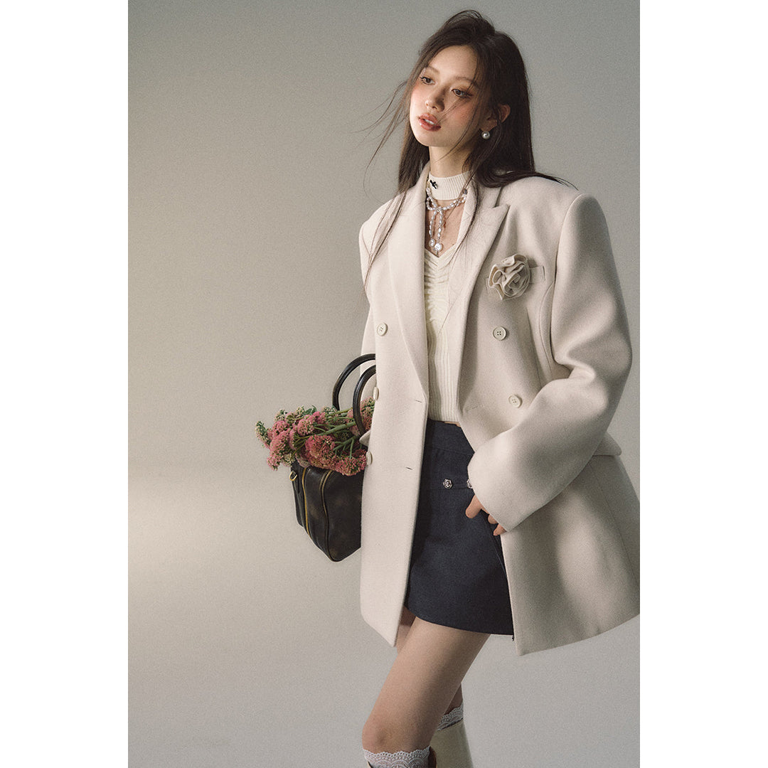 Via Pitti Double-Breasted Woolen Coat Cream - Mores Studio