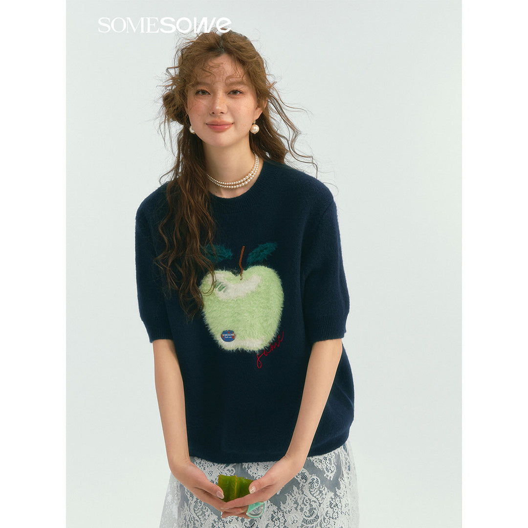 SomeSowe Green Apple Short Sleeve Knit Sweater Navy Blue