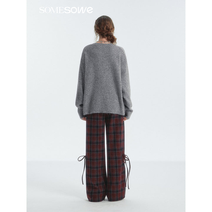 SomeSowe Bow Drawstring Plaid Wide-Leg Pants Red