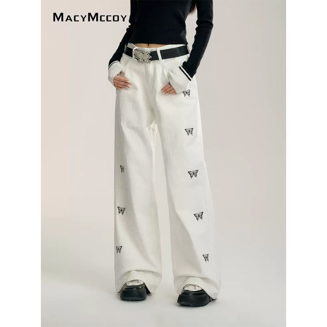 MacyMccoy Butterfly Printed Wide-Leg Denim Pants White