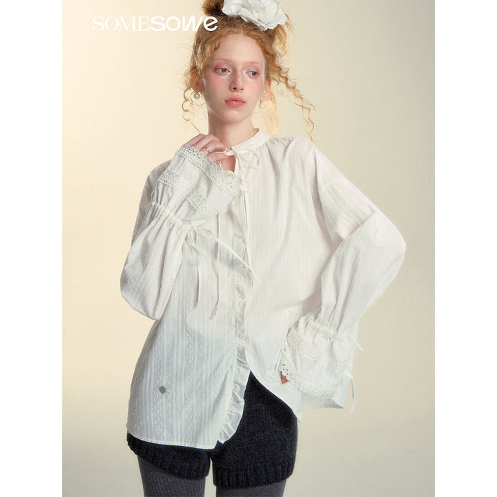 SomeSowe Lace Edge Jacquard Lace Up Top White