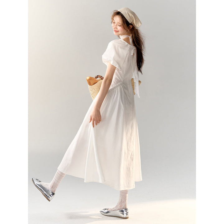 AsGony V-Neck Waisted Puff Sleeve Long Dress