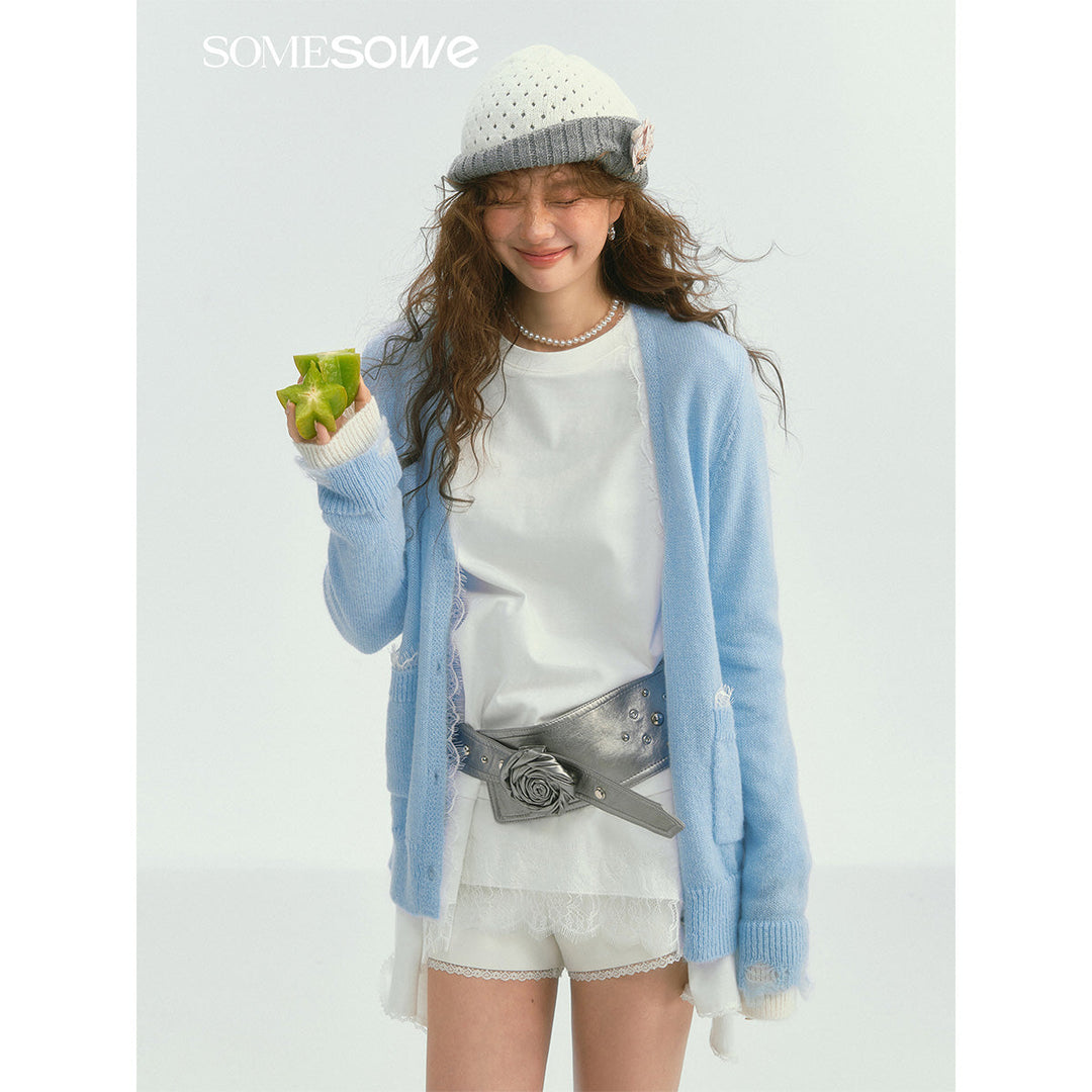 SomeSowe Color Blocked Lace Edge Knit Cardigan Blue