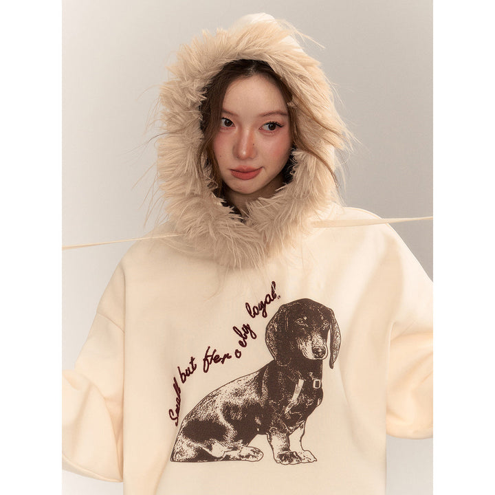 AsGony Puppy Printed Fur Collar Fleece-Lined Hoodie