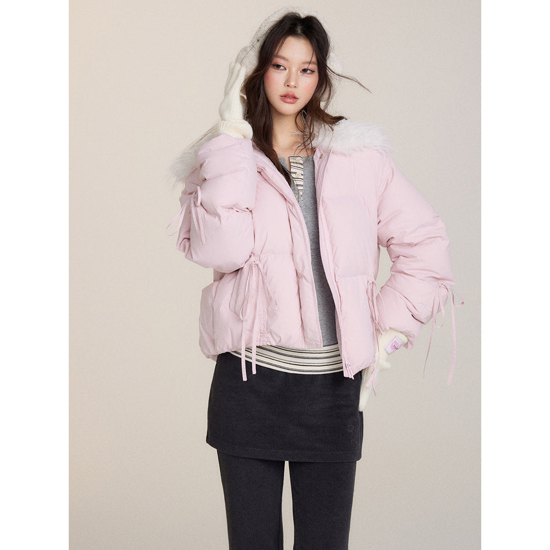 Via Pitti Bow Drawstring Fur Collar Down Jacket Light Pink