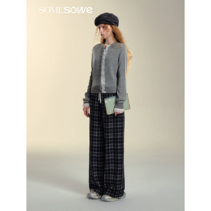 SomeSowe Lace Edge Plaid Casual Pants Black