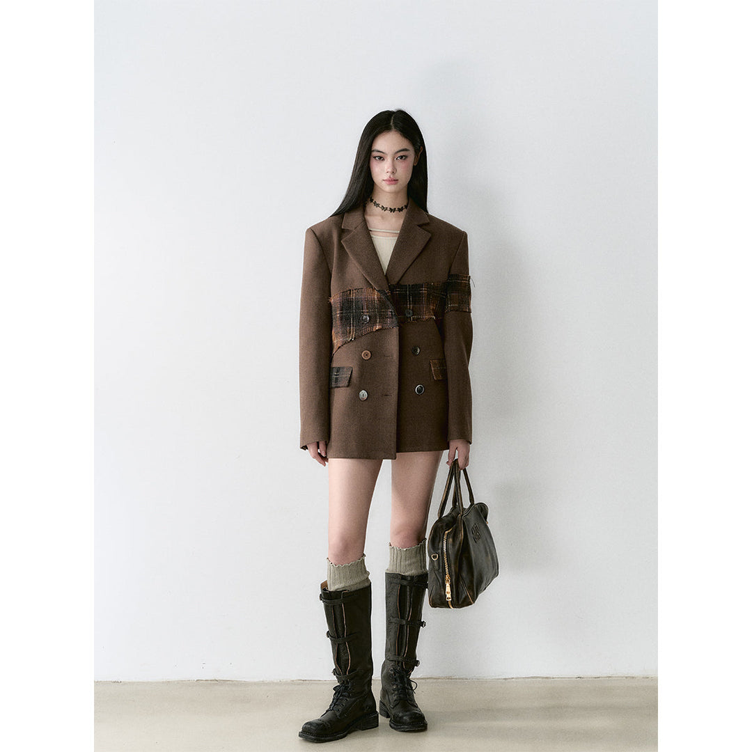 Via Pitti Heavy Plaid Patchwork Mid-Length Coat Brown