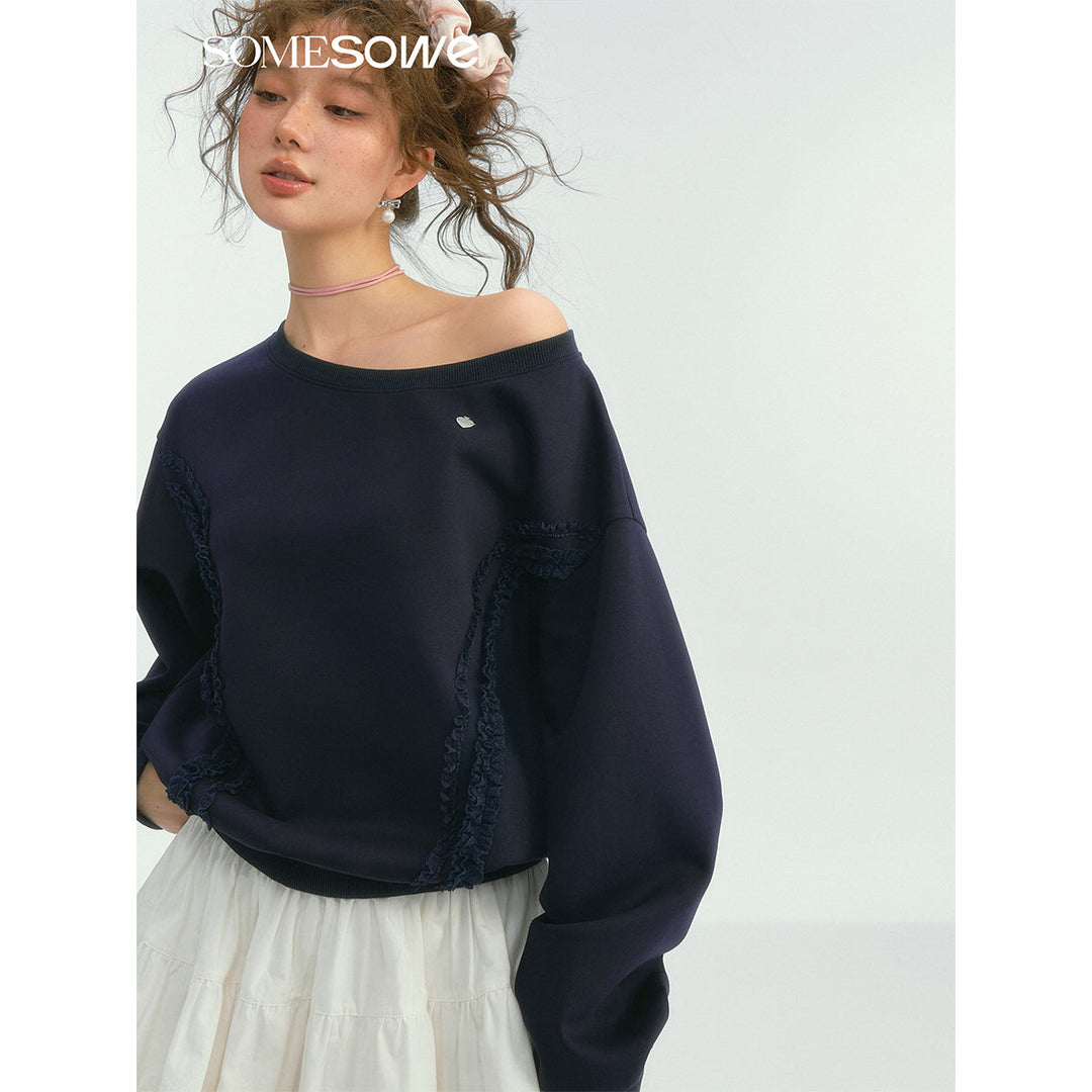 SomeSowe Lace Edge Boat Neck Casual Sweatshirt Navy Blue