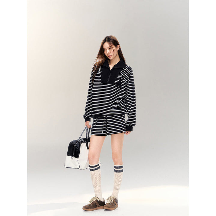 AsGony Striped Zipper Lapel Casual Sweater Black