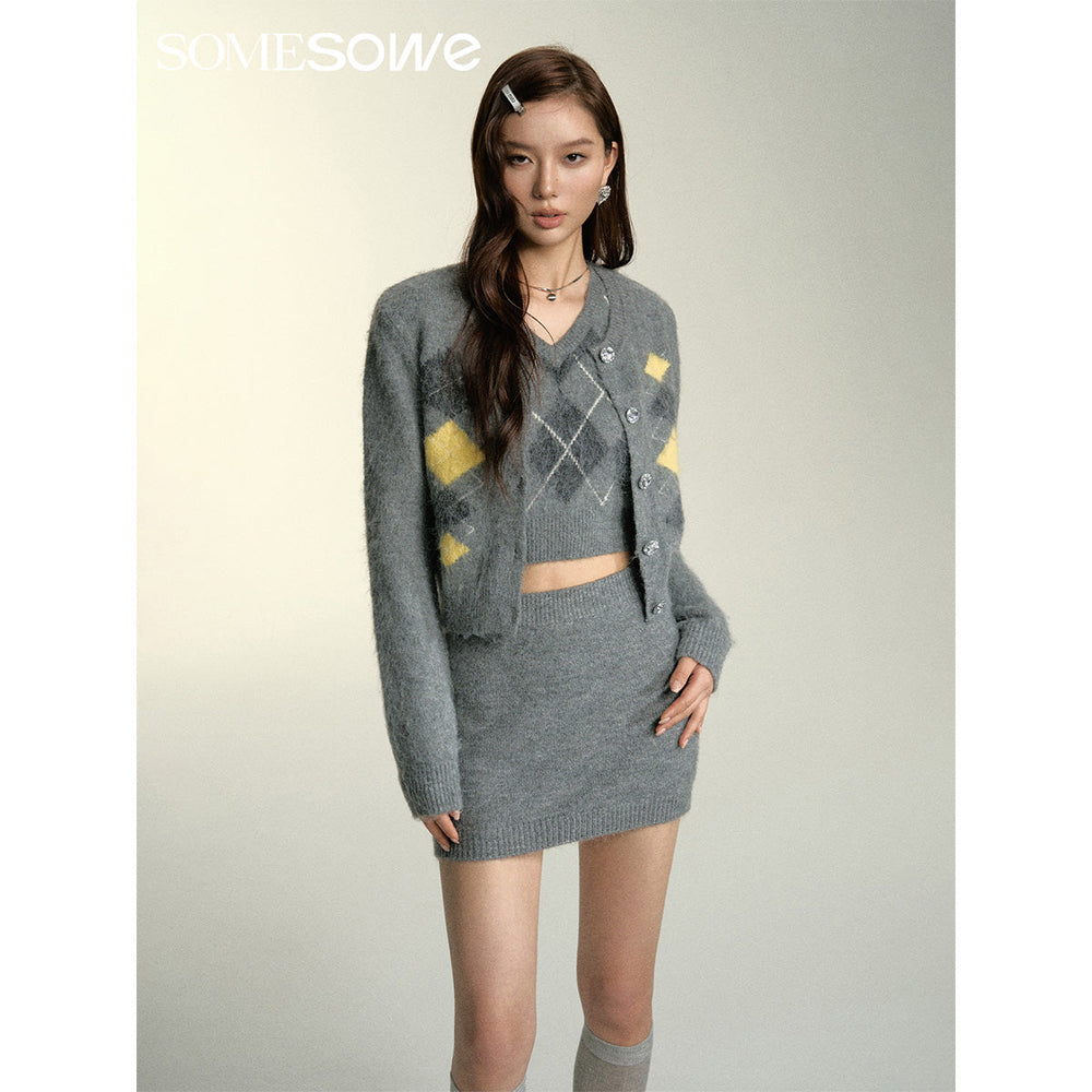 SomeSowe Color Blocked Checkered Woolen Cardigan - Mores Studio