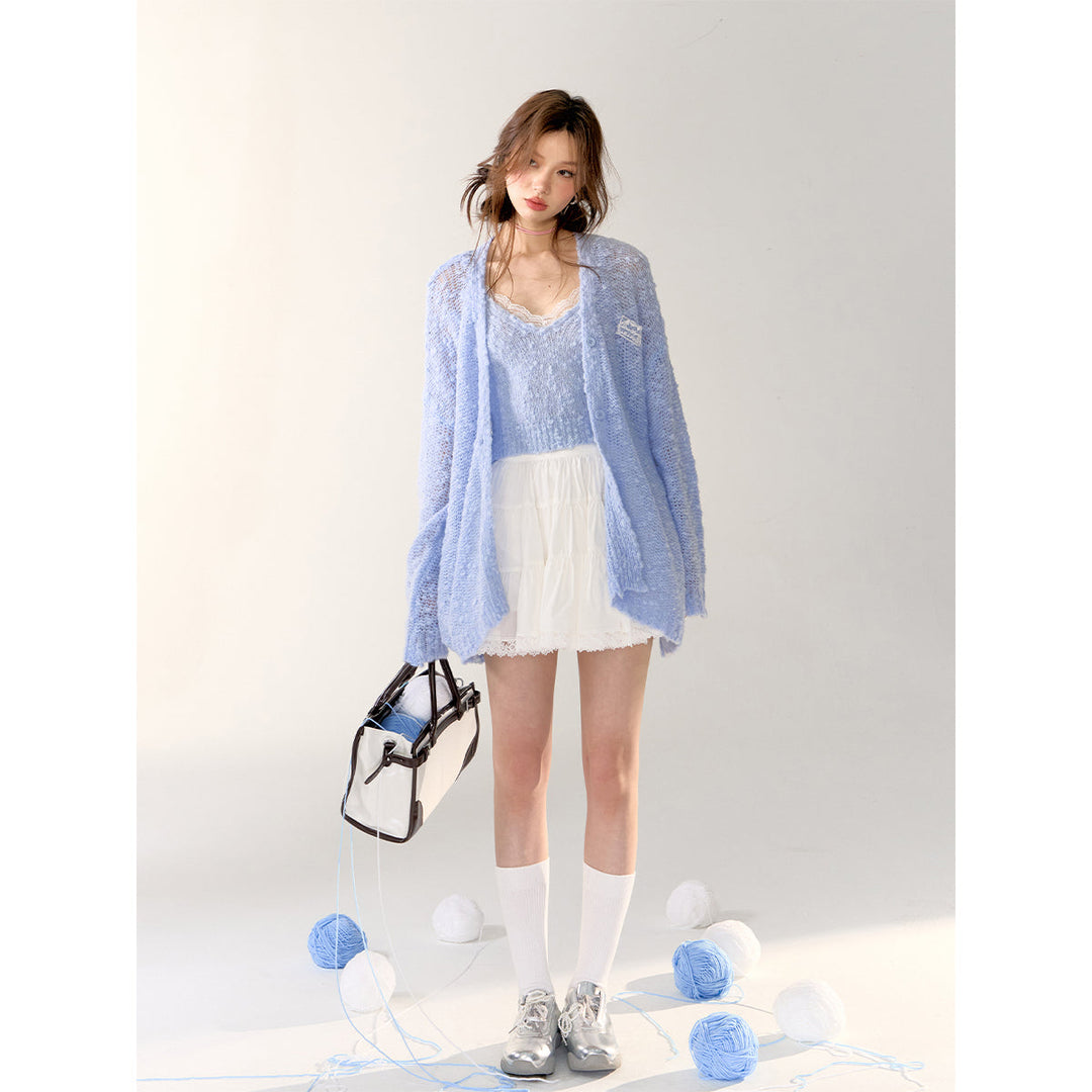 AsGony Lace Patchwork Knit Cardigan Blue