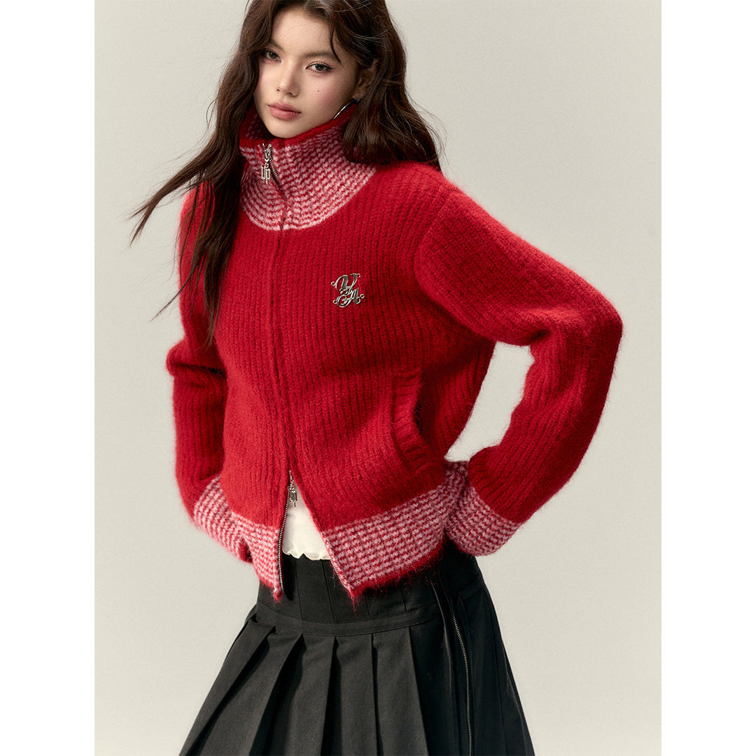 Via Pitti Color Blocked High Collar Knit Cardigan Red