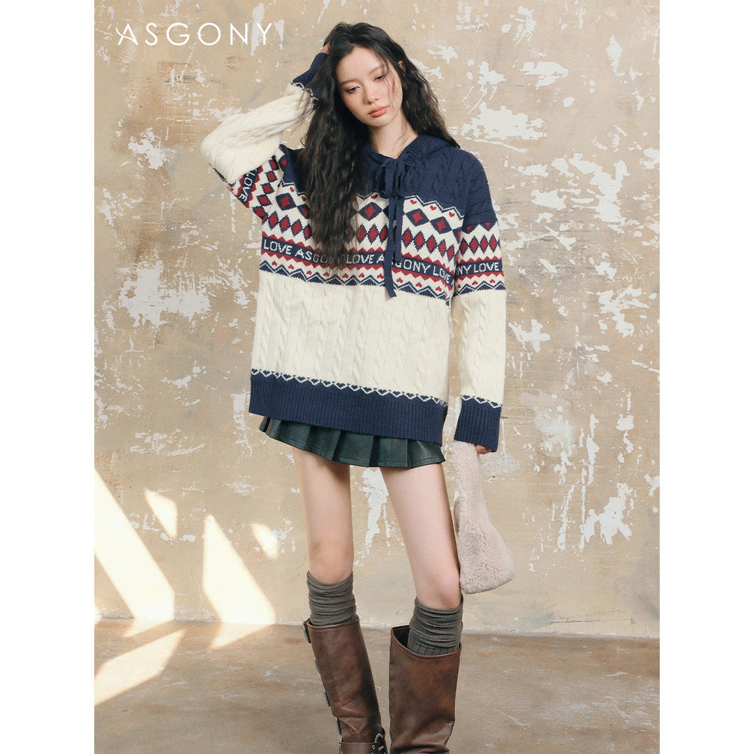 AsGony Fair Isle Oversized Knit Sweater Navy - Mores Studio