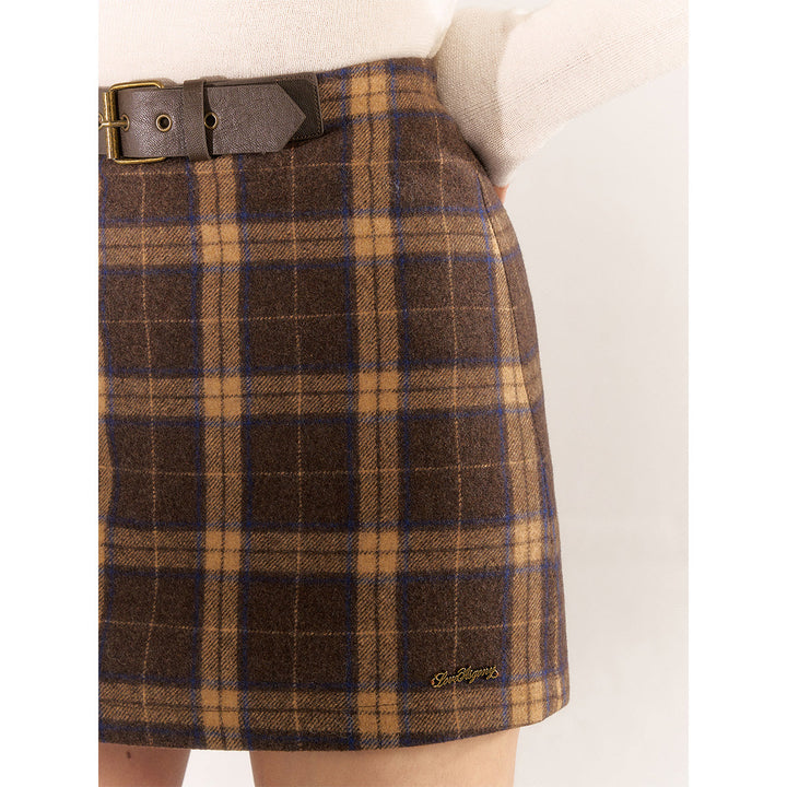 AsGony Retro Plaid High Waist Tweed Skirt Brown