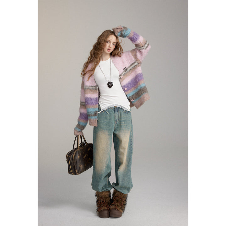 Via Pitti Pulled Fur Colored Striped Knit Cardigan Pink