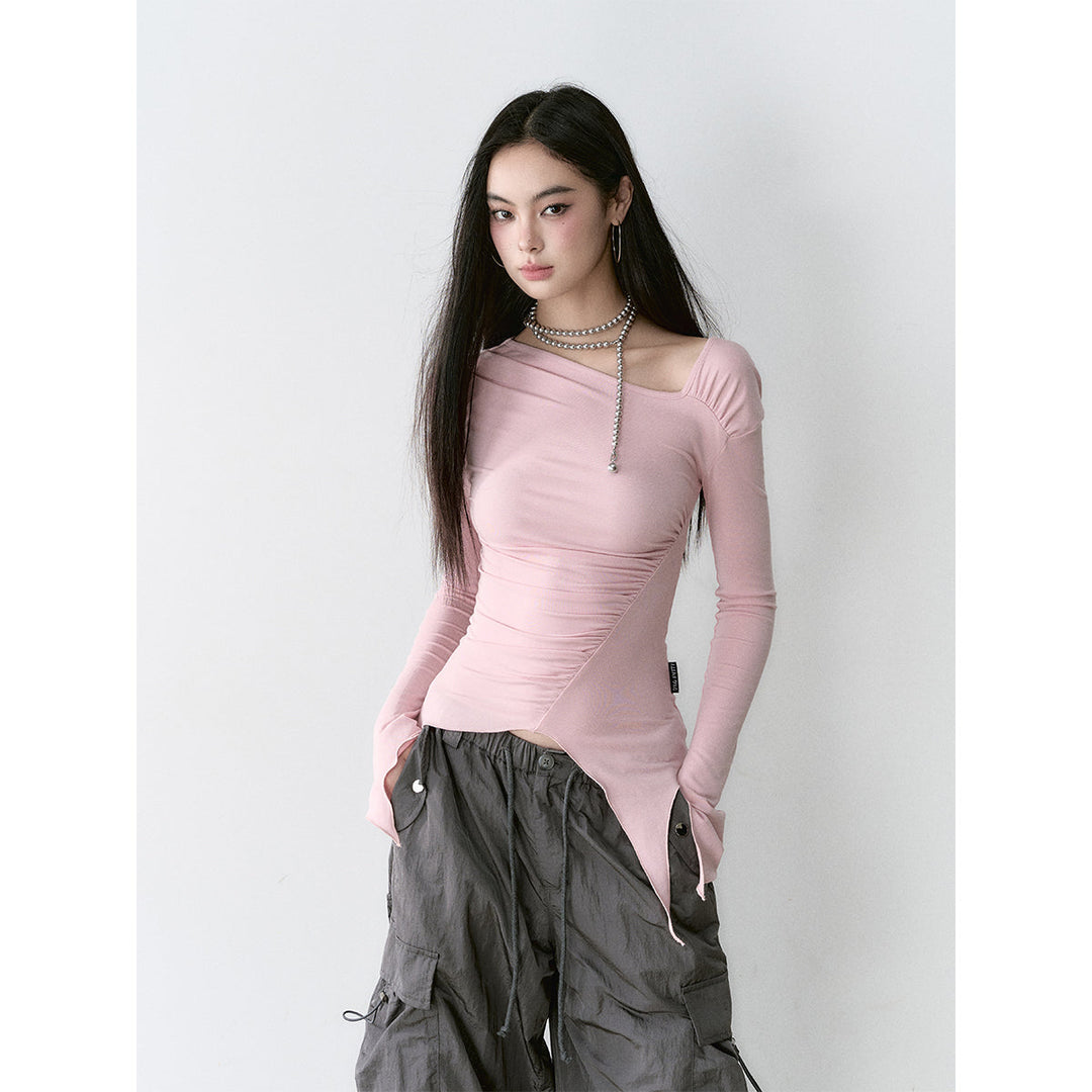 Via Pitti Irregular Diagonal Shoulder Waisting Slim Top Pink