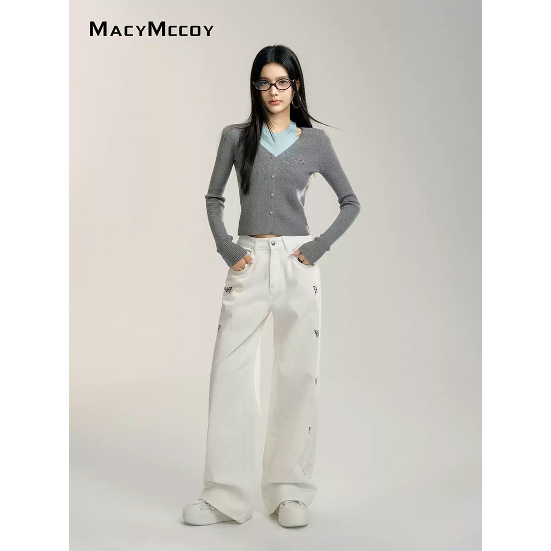 MacyMccoy Butterfly Printed Wide-Leg Denim Pants White