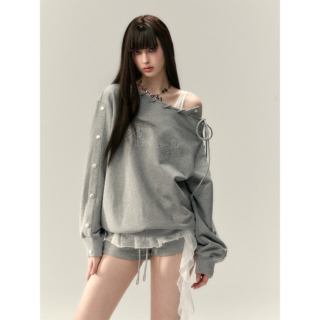 Via Pitti Nail Button Off-Shoulder Loose Sweat Top Gray