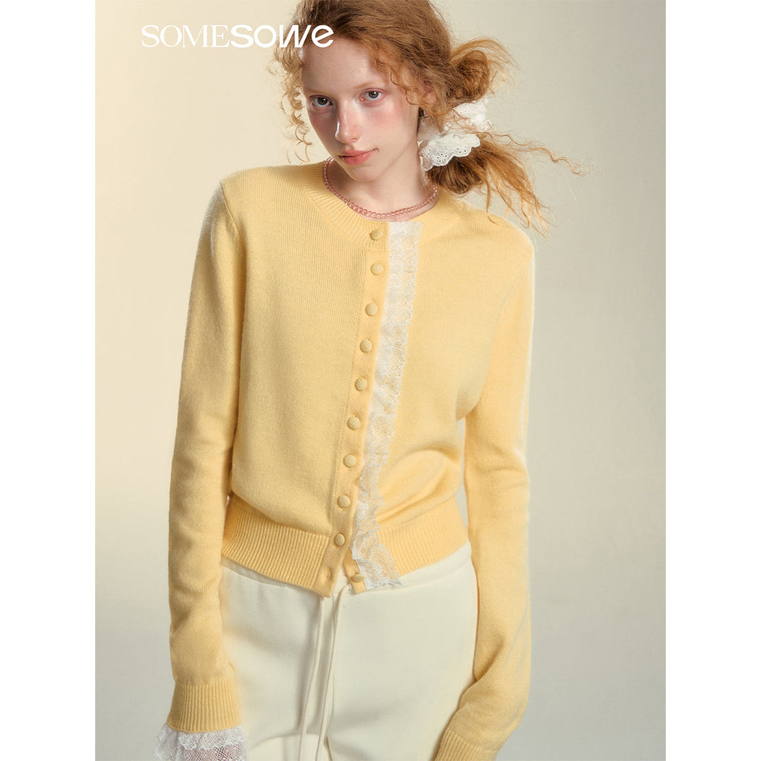 SomeSowe Lace Edge Round-Neck Knit Cardigan Yellow